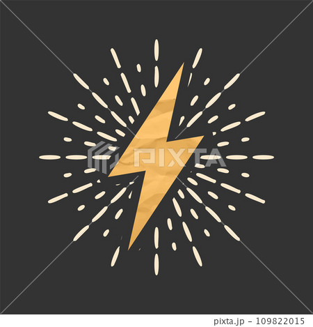Vintage lightning bolt and sunrays. Lightnings with crumpled paper texture and sunburst effect. Thunderbolt, electric shock sign. Vector illustration 109822015