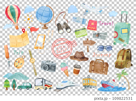 Handwritten watercolor travel travel illustration set Handwritten watercolor travel travel illustration set 109822531