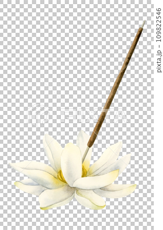 Lotus flower aroma stick stand watercolor illustration isolated on white background. Indian incense stick holder for spa salons designs. Burner for aromatherapy and meditation 109822546