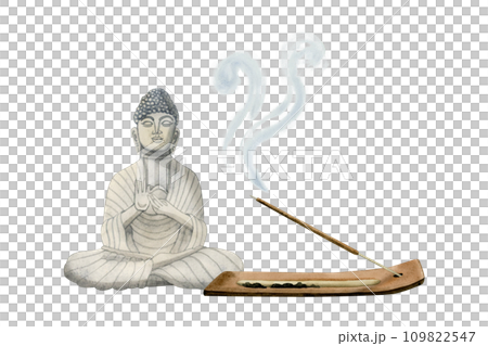 Buddha figurine with burning aroma stick in wooden stand watercolor illustration isolated on white background for spa, relaxation, meditation, wellness and beauty design 109822547