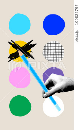 Human hand holding pencil over light background with abstract element. Writer, journalism. Contemporary art collage. 109822797