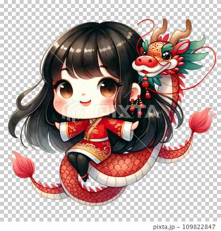 Watercolor Chinese girl wear red qipao dress for lunar new year 109822847