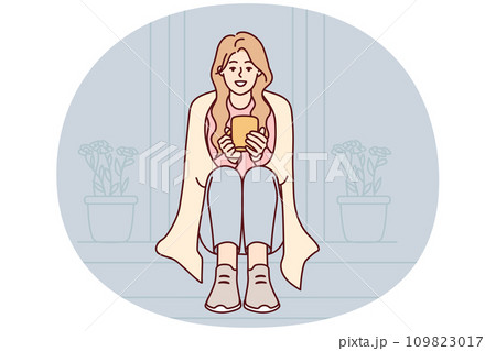 Happy woman sit on stairs drinking coffee 109823017