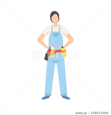 Male Professional Cleaner, Cleaning Company Staff Character Dressed in Uniform with Equipment Flat Vector Illustration 109823068