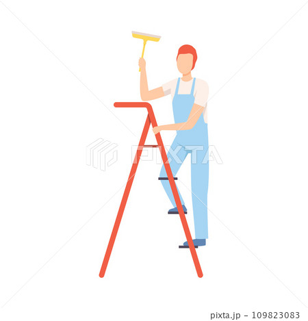 Male Professional Glass Cleaner with Ladder and Squeegee, Cleaning Company Staff Character Dressed in Uniform with Equipment Flat Vector Illustration Male Professional Glass Cleaner with Ladder and Squeegee, Cleaning Company Staff Character Dressed in Uniform with Equipment Flat Vector Illustration 109823083