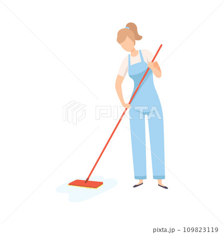 Female Professional Cleaner Mopping the Floor, Cleaning Company Staff Character Dressed in Uniform with Equipment Flat Vector Illustration Female Professional Cleaner Mopping the Floor, Cleaning Company Staff Character Dressed in Uniform with Equipment Flat Vector Illustration 109823119