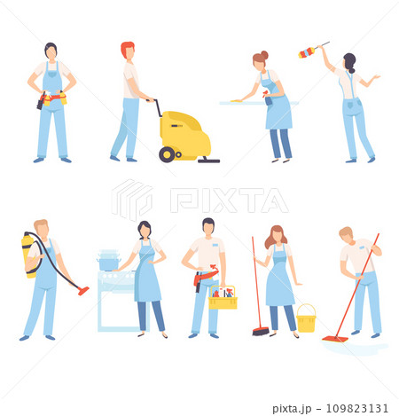 Male and Female Professional Cleaners with Equipment, Cleaning Company Staff Characters Dressed in Uniform 109823131