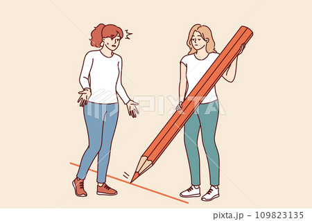 Woman draws boundary and prohibits crossing it, using large pencil to draw red line 109823135