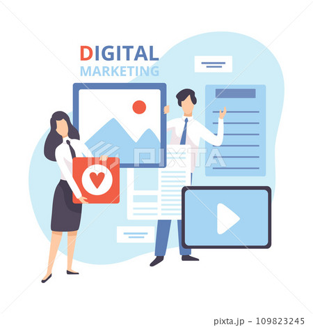 Digital Marketing, Creative Team Working on Content and Management Strategy, Business Analysis Flat Vector Illustration 109823245