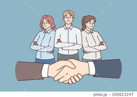 Handshake of business people during making deal and office employees standing with crossed arms 109823247