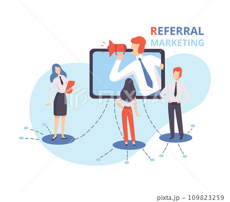 Referral Marketing, Businessman Shouting in Megaphone, Referral Program Strategy, Refer a Friend, Business Partnership, Blogging Promotion Services Flat Vector Illustration 109823259