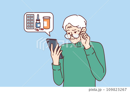 Elderly man orders medicines for home delivery using mobile phone from pharmacy application 109823267