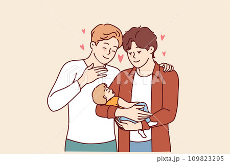 Gay couple holds child in hands and smiles, rejoicing at presence law giving right to adopt children Gay couple holds child in hands and smiles, rejoicing at presence law giving right to adopt children 109823295