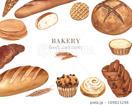 Bakery of wheat flour product. Bread, loaf of rye and french baguette, buns, croissant and wooden rolling pin. Watercolor frame hand-drawn illustration isolated on white background. Bakery of wheat flour product. Bread, loaf of rye and french baguette, buns, croissant and wooden rolling pin. Watercolor frame hand-drawn illustration isolated on white background. 109823296
