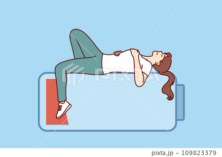 Woman sleeps on empty battery, trying to restore strength and energy after difficult day at work Woman sleeps on empty battery, trying to restore strength and energy after difficult day at work 109823379