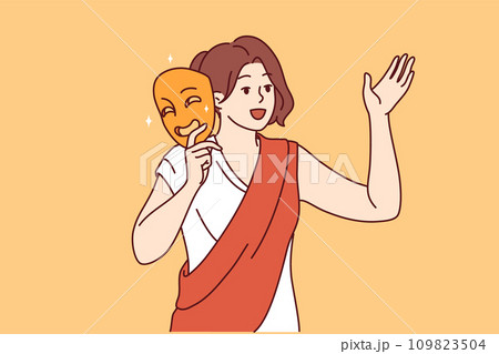 Woman actor in antique clothing holds mask for theatrical production and performs monologue 109823504