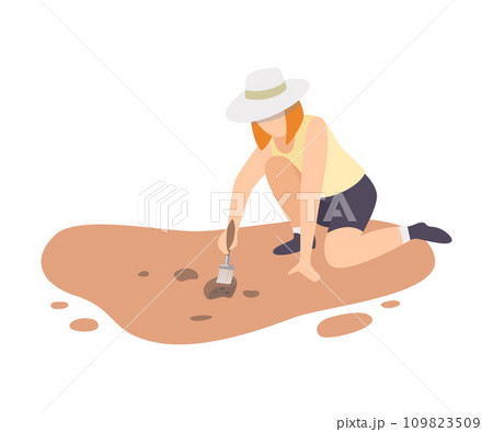 Female Archaeologist Sitting on Ground and Sweeping Dirt from Ceramic Crocks Using Brush, Paleontology Scientist Character Working on Excavations with Historical Artifacts Flat Vector Illustration Female Archaeologist Sitting on Ground and Sweeping Dirt from Ceramic Crocks Using Brush, Paleontology Scientist Character Working on Excavations with Historical Artifacts Flat Vector Illustration 109823509