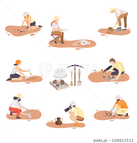 Archaeologists Excavating, Researching and Photographing Historical Artifacts Set, Paleontology Scientists Characters Flat Vector Illustration 109823512