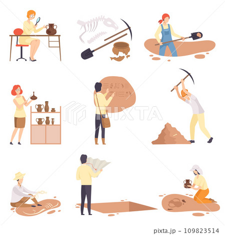 Archaeologists Excavating and Researching Historical Artifacts Set, Paleontology Scientists Characters Flat Vector Illustration 109823514
