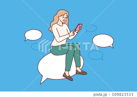 Woman is chatting on mobile phone, sitting on speech bubble and typing SMS on social networks Woman is chatting on mobile phone, sitting on speech bubble and typing SMS on social networks 109823515