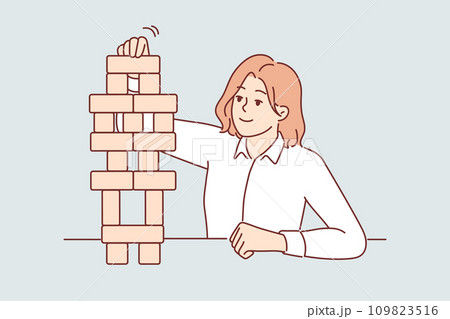 Business woman builds tower of wooden cubes, symbolizing sustainable business strategy 109823516