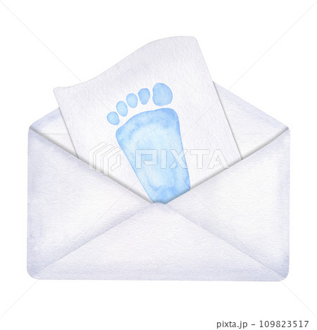 Open envelope with letter, blue children footprint. It`s a boy. Baby Shower or gender reveal party invitation. Hand drawn watercolor illustration isolated background. Open envelope with letter, blue children footprint. It`s a boy. Baby Shower or gender reveal party invitation. Hand drawn watercolor illustration isolated background. 109823517