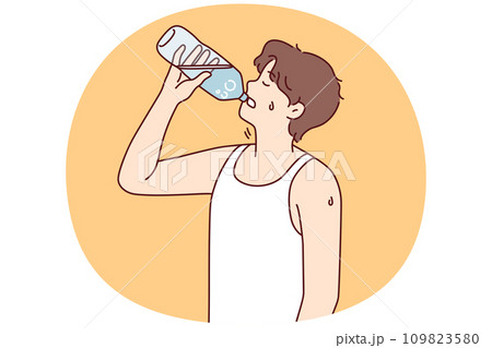 Thirsty man drinking water from bottle 109823580