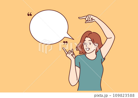 Woman promoter with smile points to speech bubble to place quote or marketing proposal 109823588