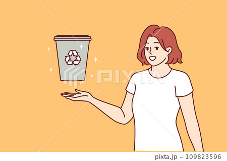 Woman displays trash can with recycling sign and calls for sorting garbage to take care environment Woman displays trash can with recycling sign and calls for sorting garbage to take care environment 109823596
