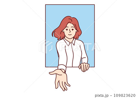 Woman extends hand and says follow me, looking out of window to provide support or free help Woman extends hand and says follow me, looking out of window to provide support or free help 109823620