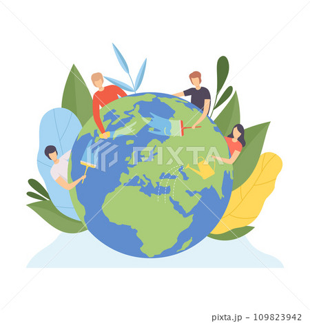 People Cleaning the Earth Planet and Watering Plants, Volunteers Taking Care About Planet Ecology, Environment, Nature Protection Flat Vector Illustration 109823942