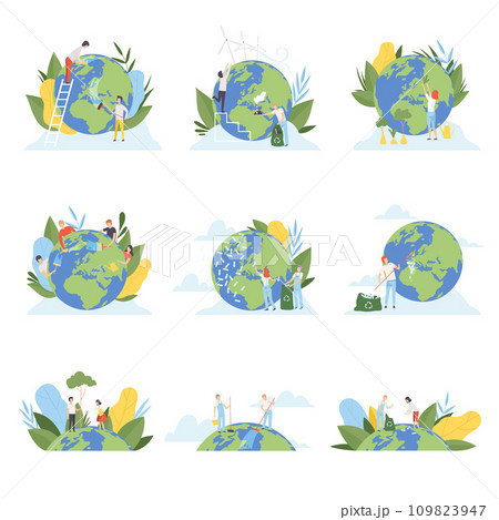 People Cleaning the Earth Planet and Collecting Plastic Waste Set, Volunteers Taking Care About Planet Ecology, Environment, Nature Protection Flat Vector Illustration 109823947