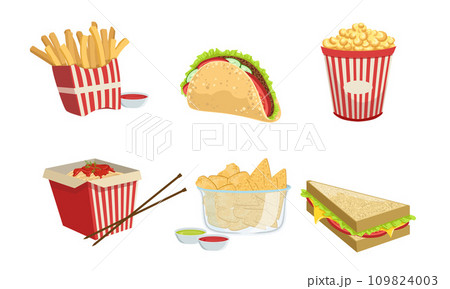 Collection of Fast Food, Takeaway Street Food Dishes, French Fries, Tako, Popcorn, Nachos, Sandwich Vector Illustration Collection of Fast Food, Takeaway Street Food Dishes, French Fries, Tako, Popcorn, Nachos, Sandwich Vector Illustration 109824003