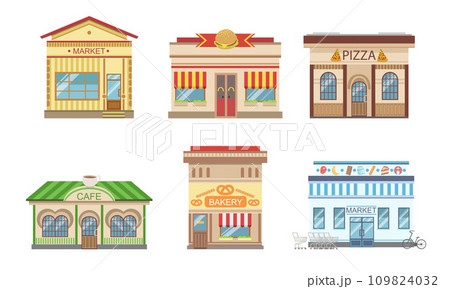 City Public Buildings Facades Set, Market, Pizza, Cafe, Bakery, Vector Illustration City Public Buildings Facades Set, Market, Pizza, Cafe, Bakery, Vector Illustration 109824032
