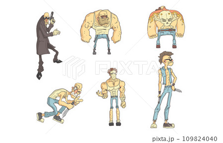 Criminals Funny Characters Set, Male Burglars, Murderers And Thieves with Different Weapons in Their Hands Vector Illustration 109824040