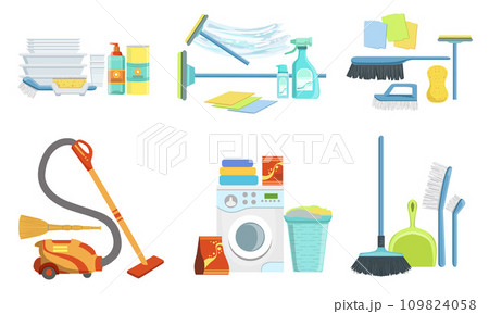 Tools for Cleaning Set, Household Supplies, Washing Machine, Detergent Bottles, Mop, Brush, Vacuum Cleaner Vector Illustration 109824058