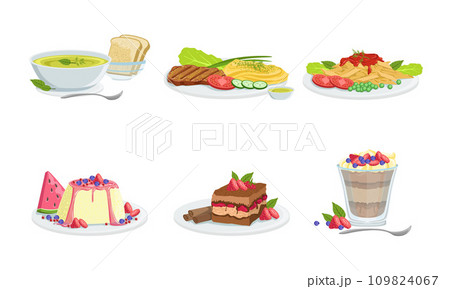 Collection of Different Food Set, Delicious Served Food and Desserts Vector Illustration Collection of Different Food Set, Delicious Served Food and Desserts Vector Illustration 109824067