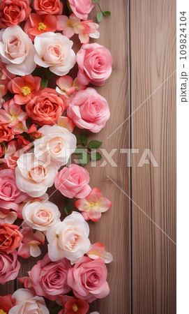 AI-generated content. Romantic Background with Roses on Wooden Table 109824104