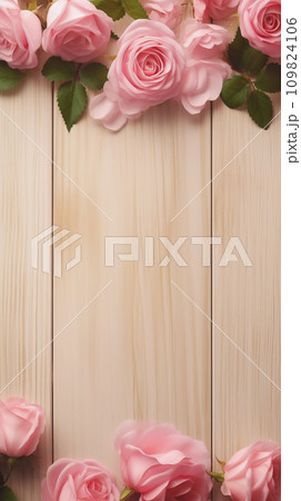 AI-generated content. Romantic Background with Roses on Wooden Table 109824106