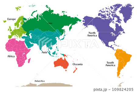 六大州で色分けされた世界地図、ロシアをアジア州として別色で表示、太平洋 六大州で色分けされた世界地図、ロシアをアジア州として別色で表示、太平洋 109824205