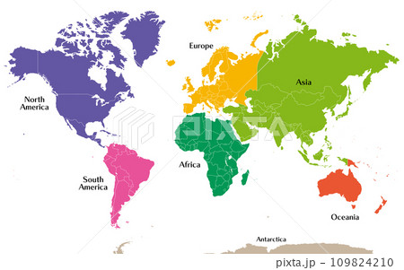 六大州で色分けされた世界地図、ロシアをウラル山脈でアジアとヨーロッパに分割、パナマを北米と南米に分割 109824210