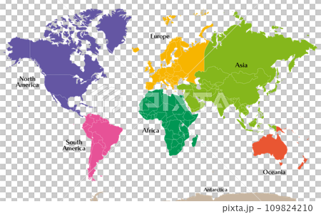 六大州で色分けされた世界地図、ロシアをウラル山脈でアジアとヨーロッパに分割、パナマを北米と南米に分割 109824210