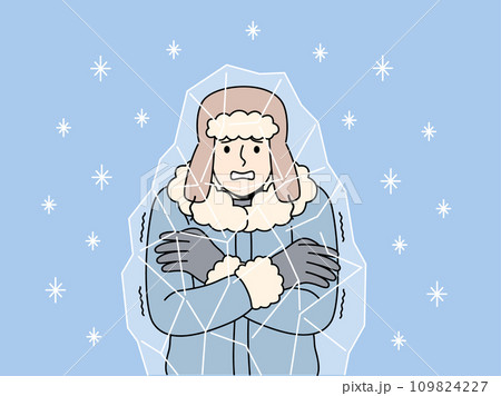 Frozen man stands inside block of ice and chatters teeth, suffering due to sudden climate change 109824227
