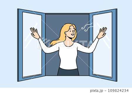Woman opens window enjoying fresh air coming from street in house, and smilingly looks at passers-by 109824234