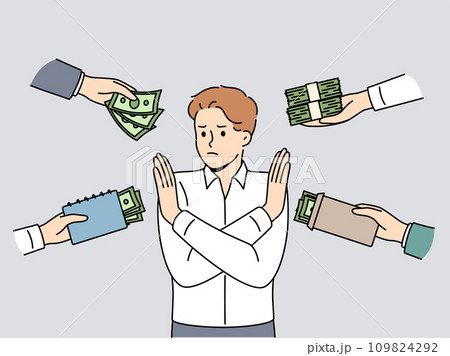 Man refuses monetary bribes by crossing arms and not wanting to participate in illegal transactions 109824292