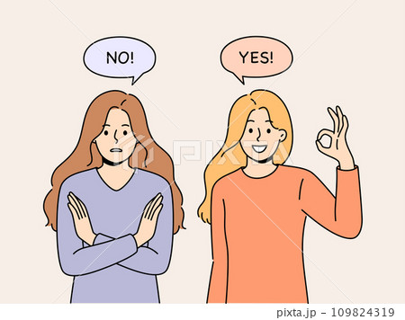 Women with opposing opinions demonstrate yes and no gestures, answering question or suggestion 109824319