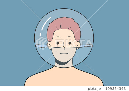 Man with glass ball filled with water on his head for concept of psychological problems 109824348