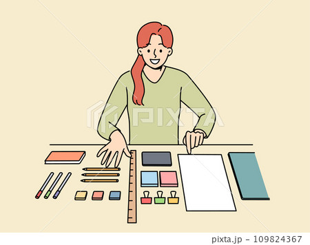 Perfectionist woman with OCD syndrome puts things in order on desktop and workplace 109824367