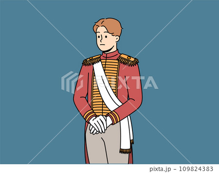 Sad aristocratic man in 18th century clothes is ready for ball or dinner party in medieval castle Sad aristocratic man in 18th century clothes is ready for ball or dinner party in medieval castle 109824383