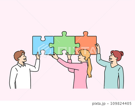 Teamwork business people putting together puzzle to jointly solve problem increasing company profits Teamwork business people putting together puzzle to jointly solve problem increasing company profits 109824405